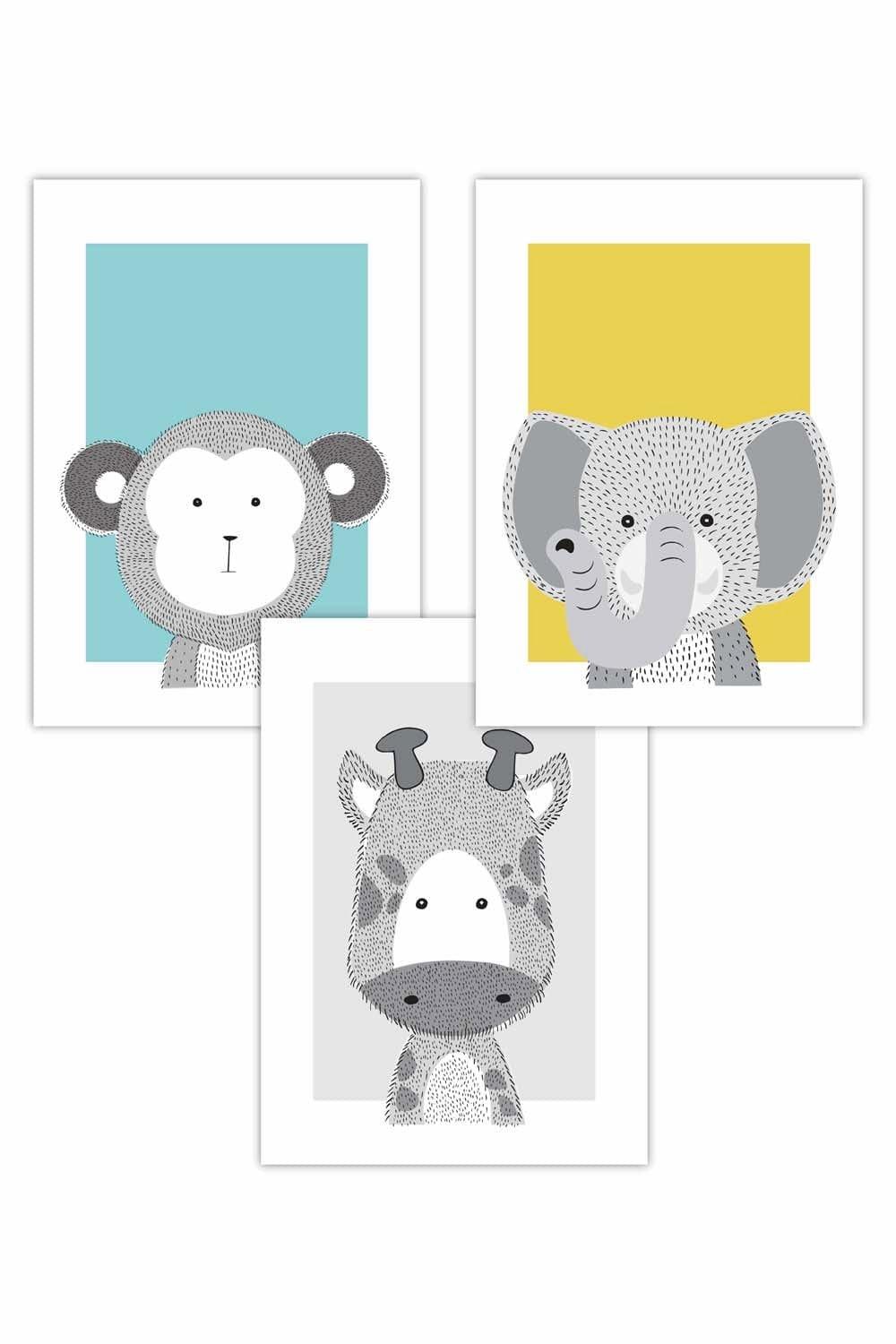 Set of 3 Nursery Scandi Sketch Animals with Giraffe in Blue Yellow Grey Art Posters
